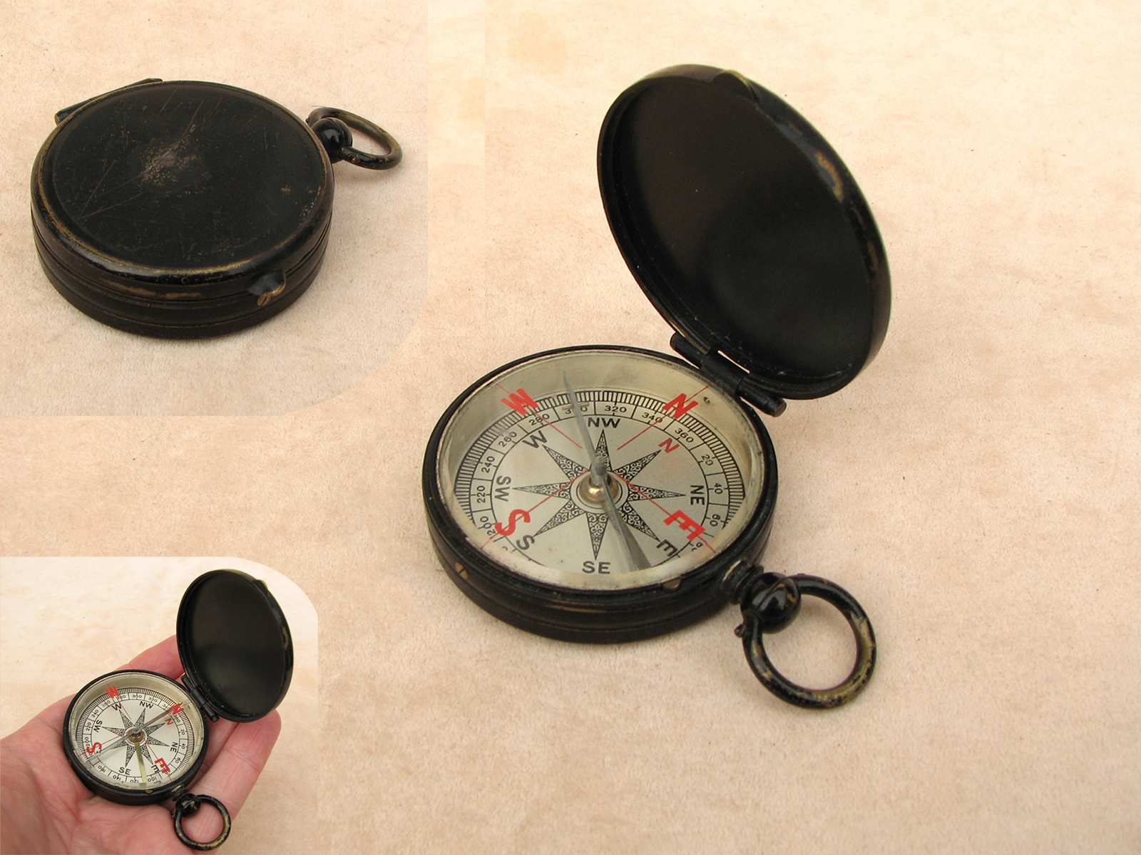 Edwardian hunter cased pocket compass with red cardinal points under crystal